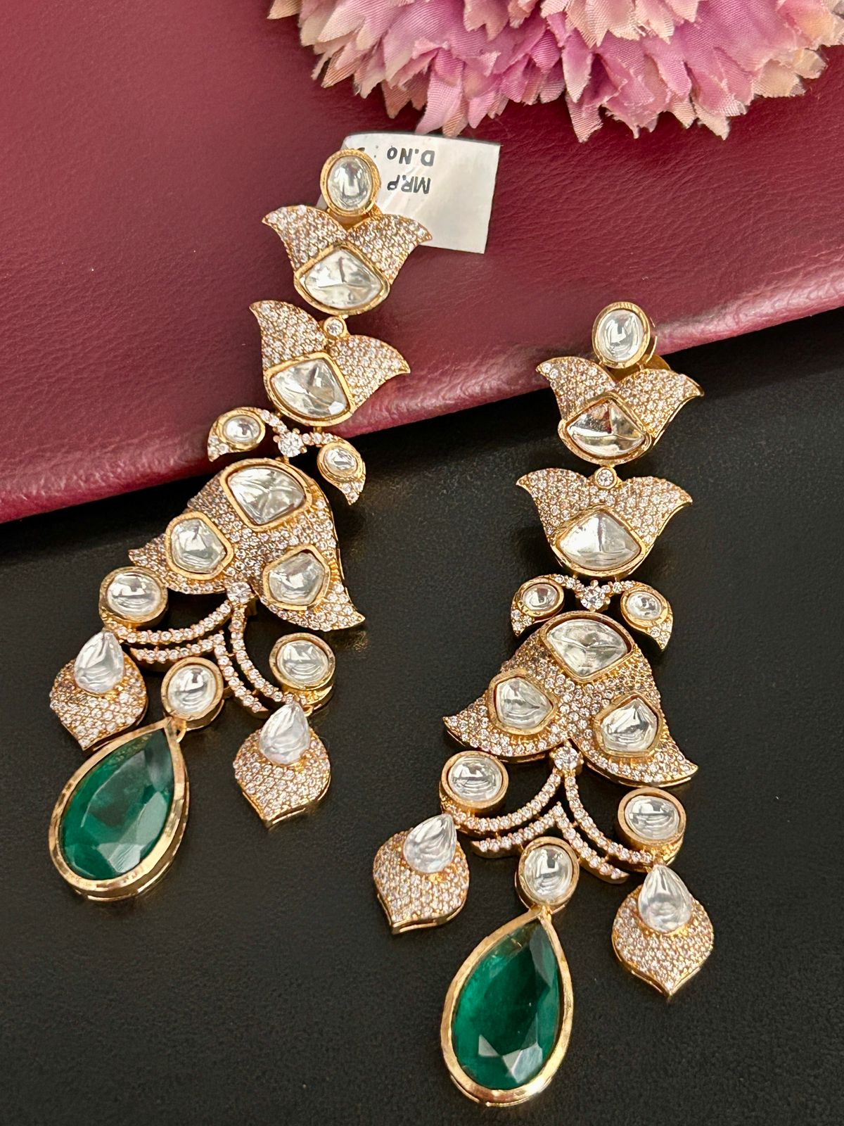 Emerald Green Tear Drop Kundan Earrings – Luxury Bridal Jewellery
